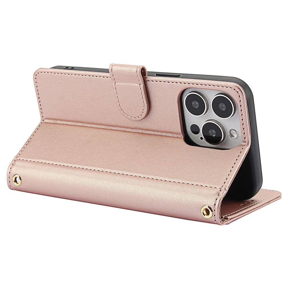 SY-003 For iPhone 15 Pro Max Case PU Leather Stand View Phone Wallet Cover with Hand Strap - Pink - 3