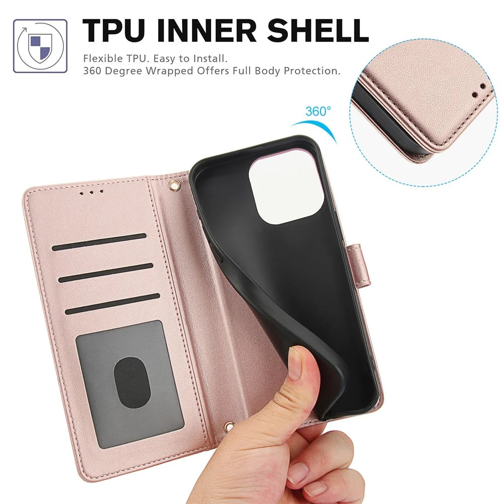 SY-003 For iPhone 15 Pro Max Case PU Leather Stand View Phone Wallet Cover with Hand Strap - Pink - 6