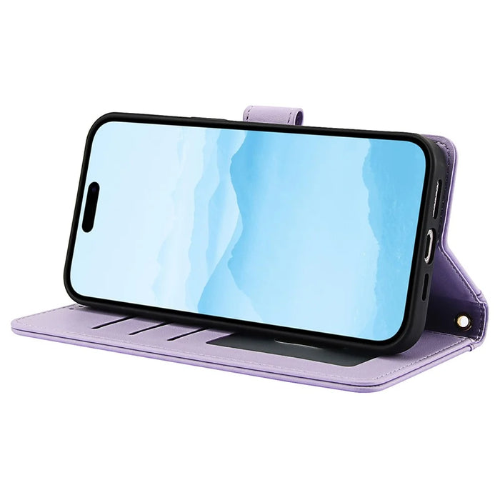 SY-003 For iPhone 15 Pro Case PU Leather Stand View Phone Wallet Cover with Hand Strap - Purple - 4