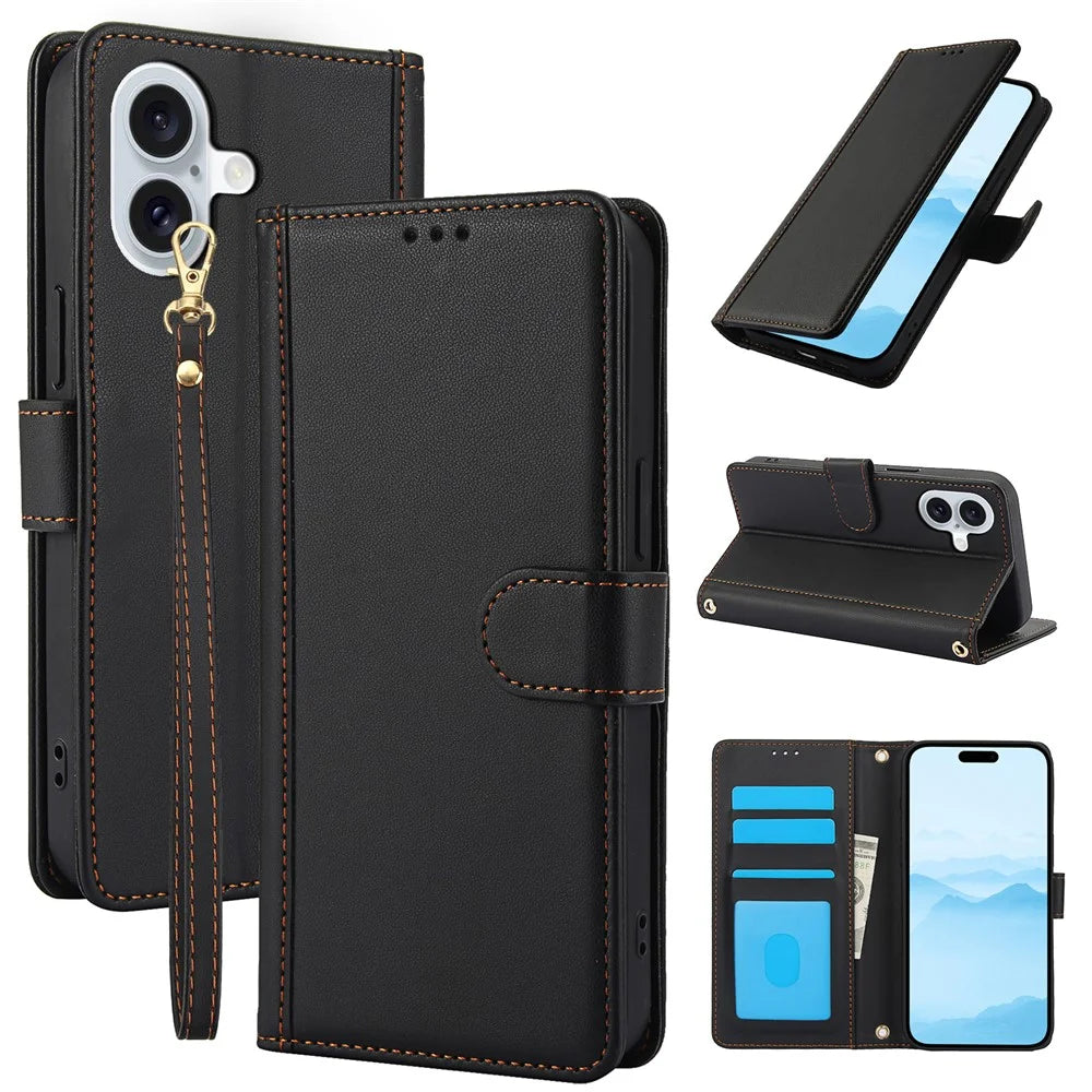 SY-003 For iPhone 16 Plus Case PU Leather Stand View Phone Wallet Cover with Hand Strap - Black - 1