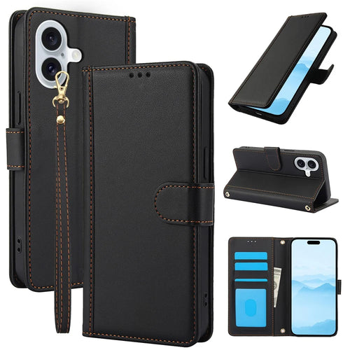 SY-003 For iPhone 16 Plus Case PU Leather Stand View Phone Wallet Cover with Hand Strap - Black - 1