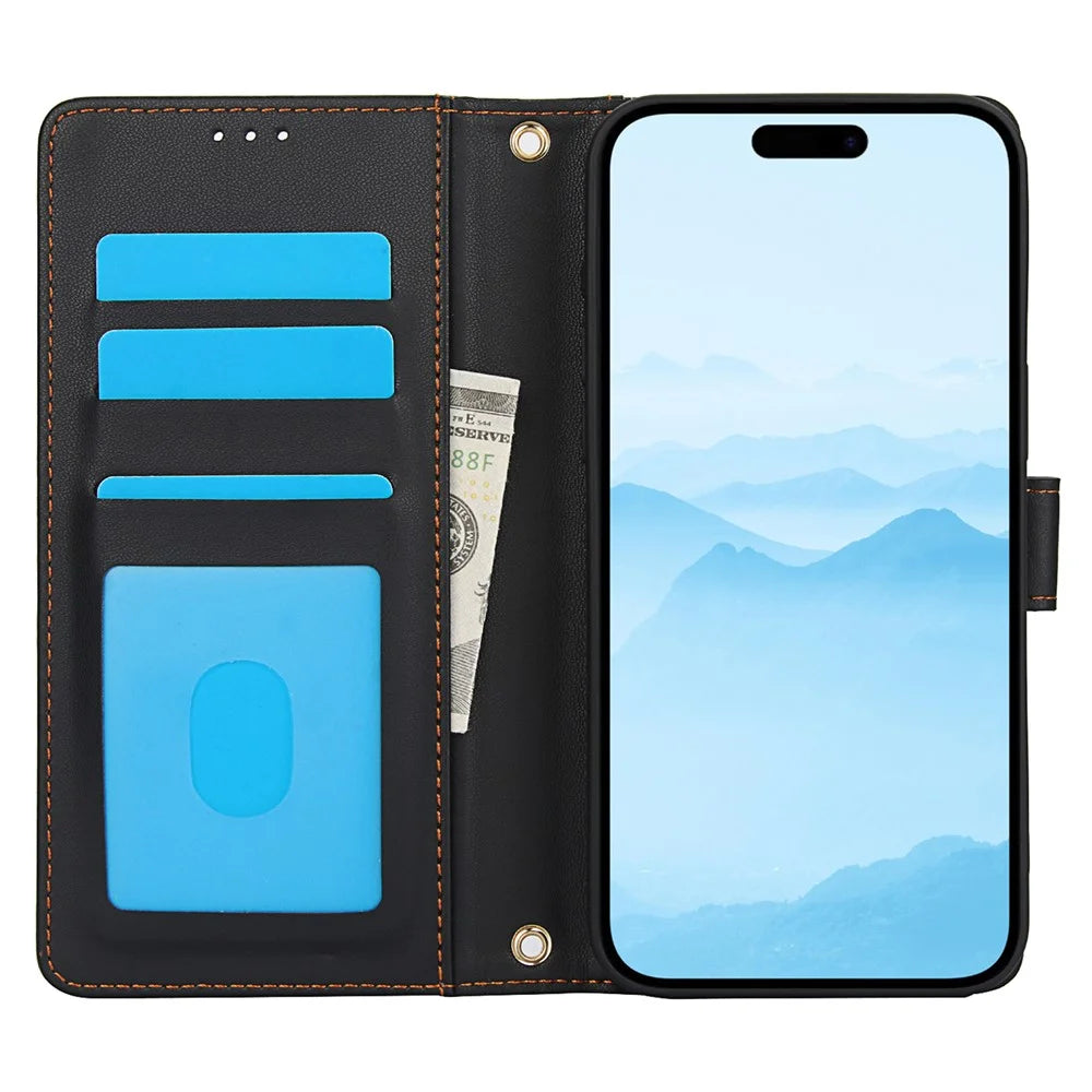 SY-003 For iPhone 16 Plus Case PU Leather Stand View Phone Wallet Cover with Hand Strap - Black - 2