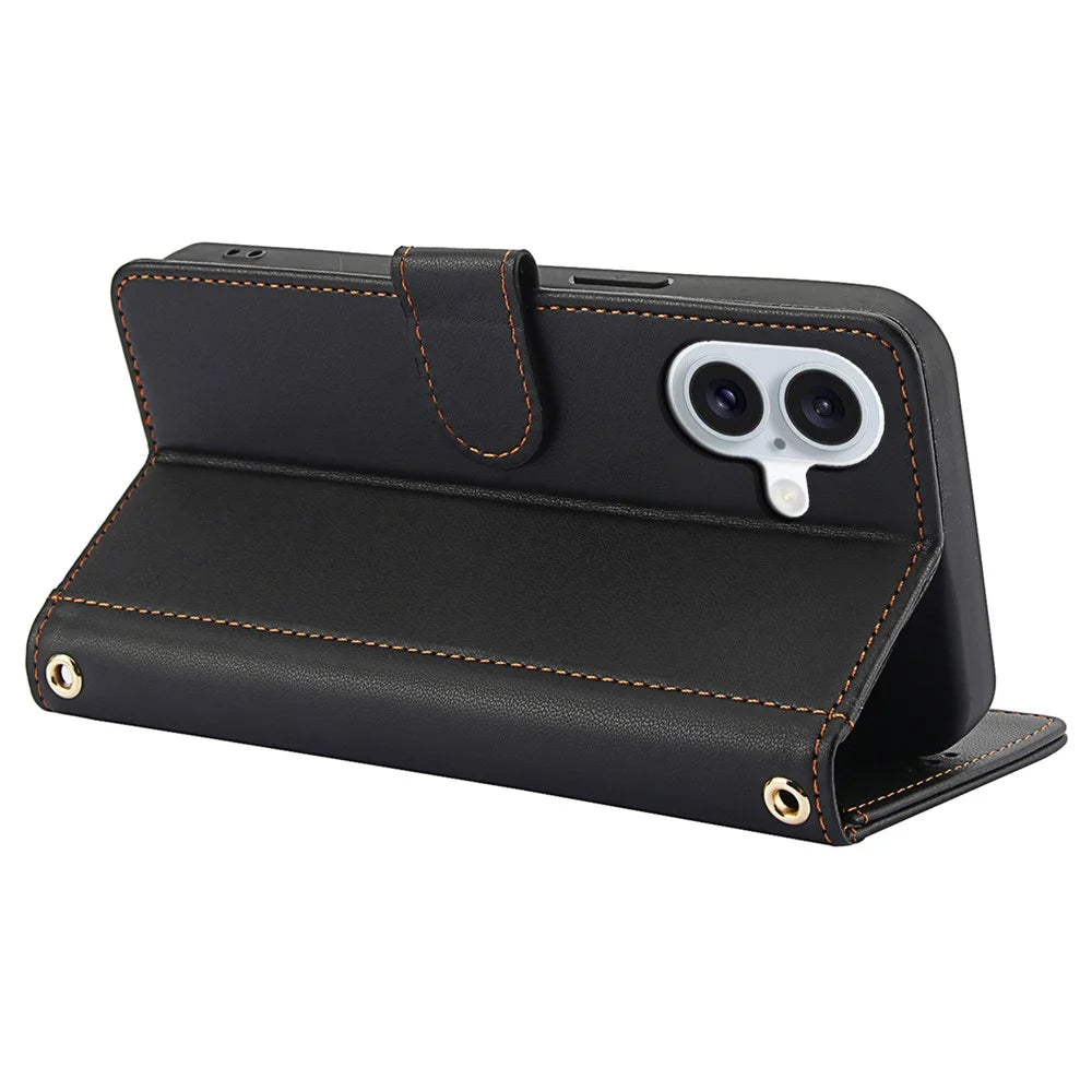 SY-003 For iPhone 16 Plus Case PU Leather Stand View Phone Wallet Cover with Hand Strap - Black - 4