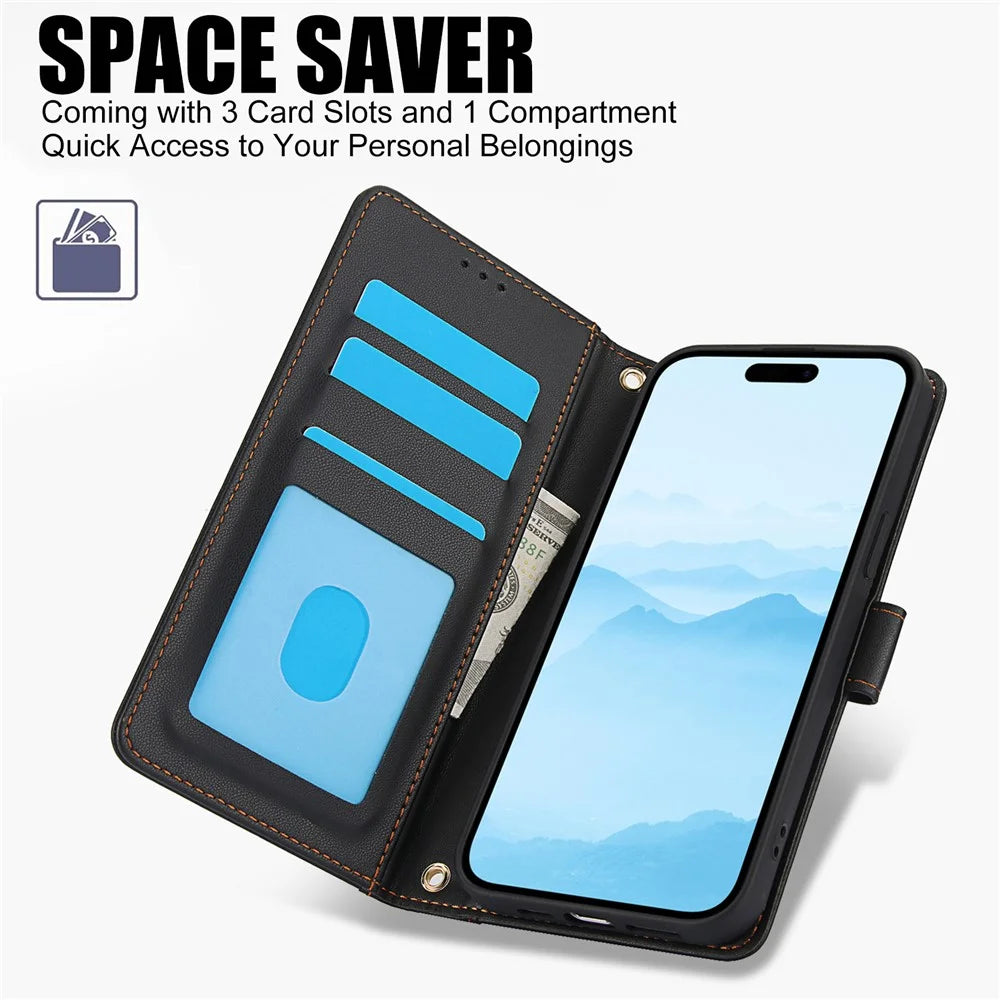 SY-003 For iPhone 16 Plus Case PU Leather Stand View Phone Wallet Cover with Hand Strap - Black - 5