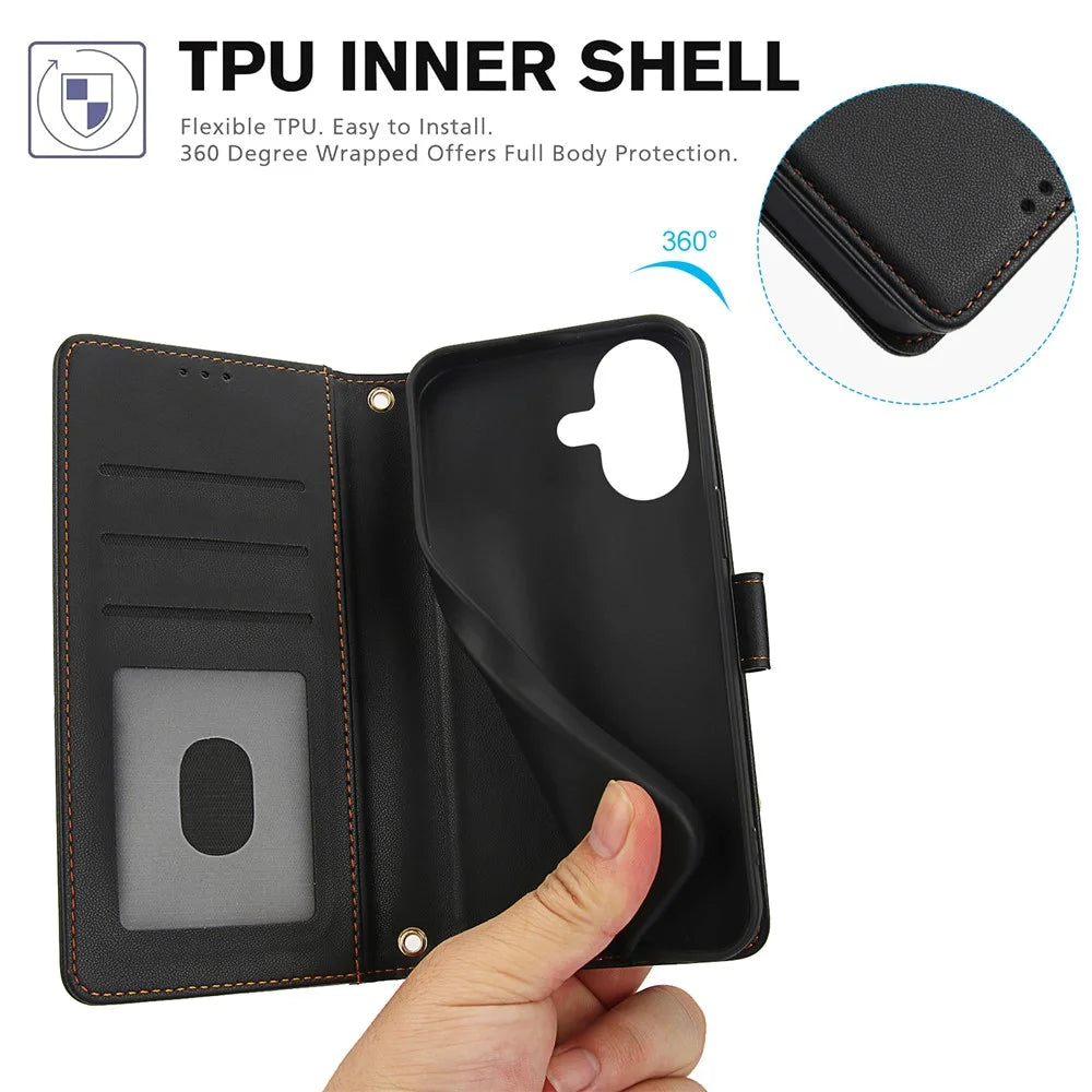 SY-003 For iPhone 16 Plus Case PU Leather Stand View Phone Wallet Cover with Hand Strap - Black - 6