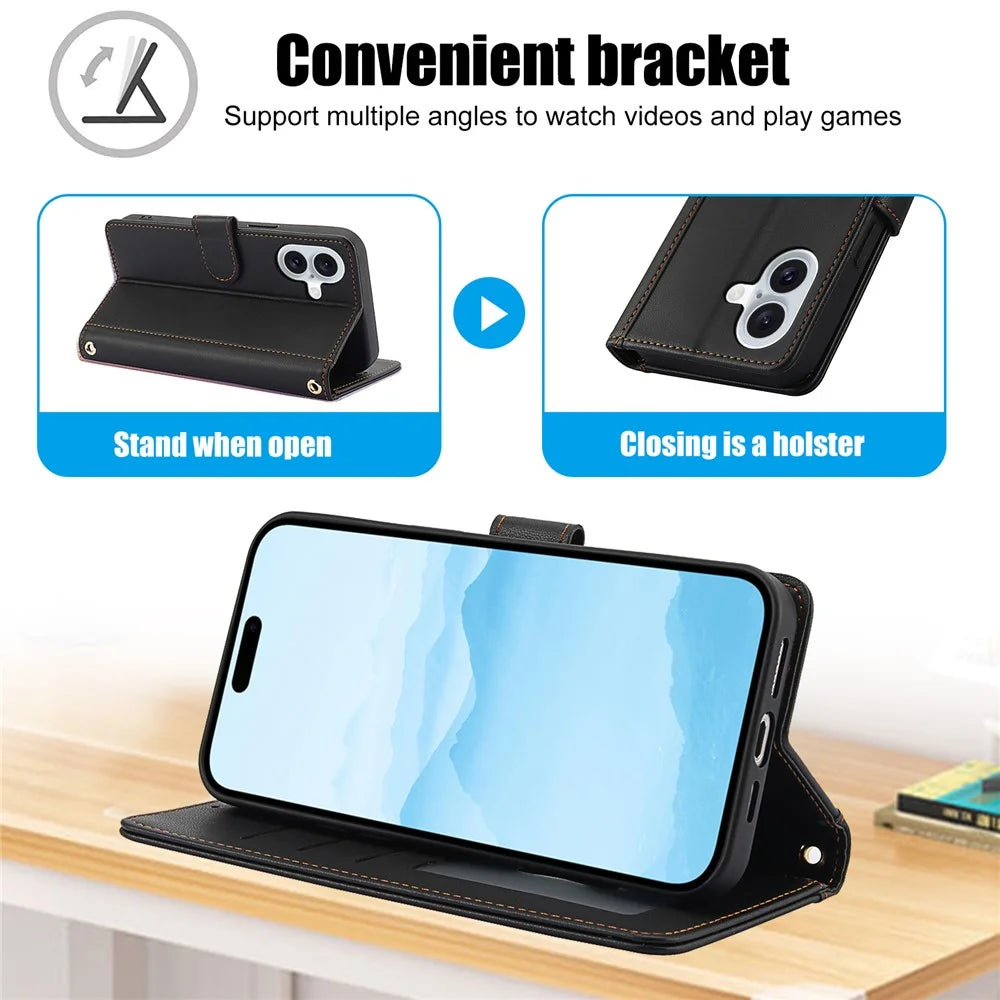 SY-003 For iPhone 16 Plus Case PU Leather Stand View Phone Wallet Cover with Hand Strap - Black - 7