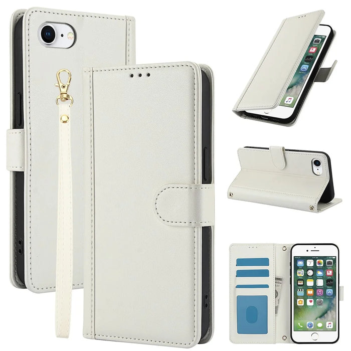 SY-003 For iPhone 17e / 16e Case PU Leather Stand View Phone Wallet Cover with Hand Strap - White - 1