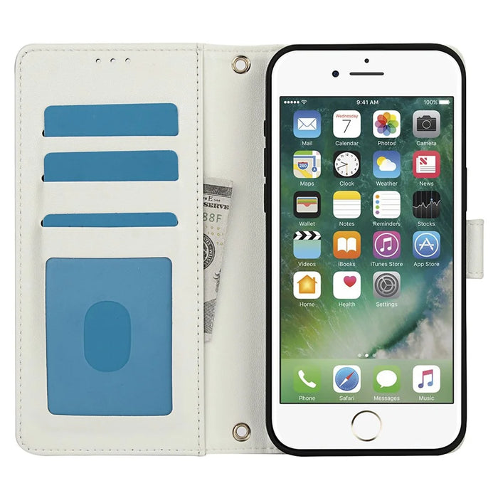 SY-003 For iPhone 17e / 16e Case PU Leather Stand View Phone Wallet Cover with Hand Strap - White - 2