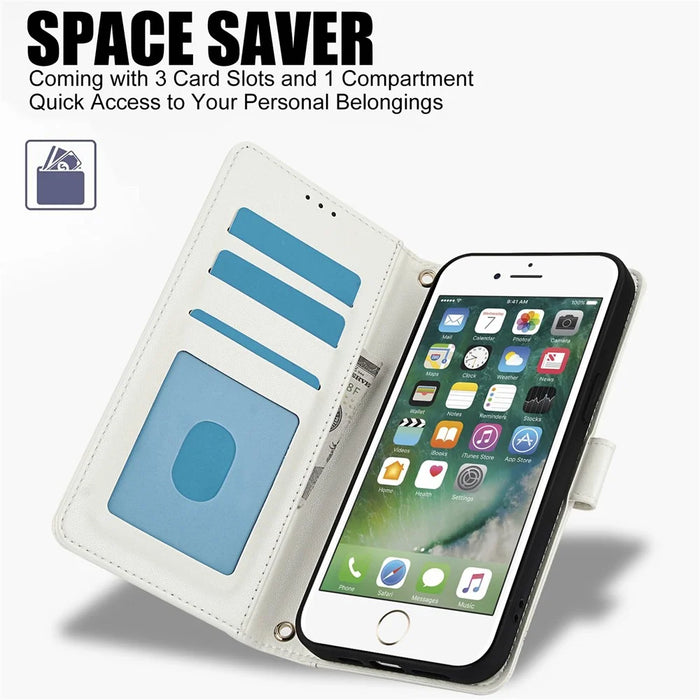 SY-003 For iPhone 17e / 16e Case PU Leather Stand View Phone Wallet Cover with Hand Strap - White - 5