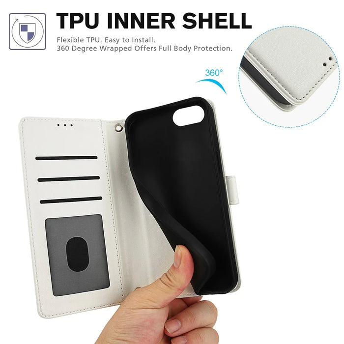 SY-003 For iPhone 17e / 16e Case PU Leather Stand View Phone Wallet Cover with Hand Strap - White - 6