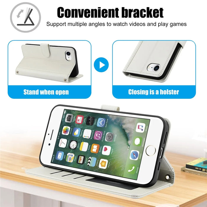SY-003 For iPhone 17e / 16e Case PU Leather Stand View Phone Wallet Cover with Hand Strap - White - 7