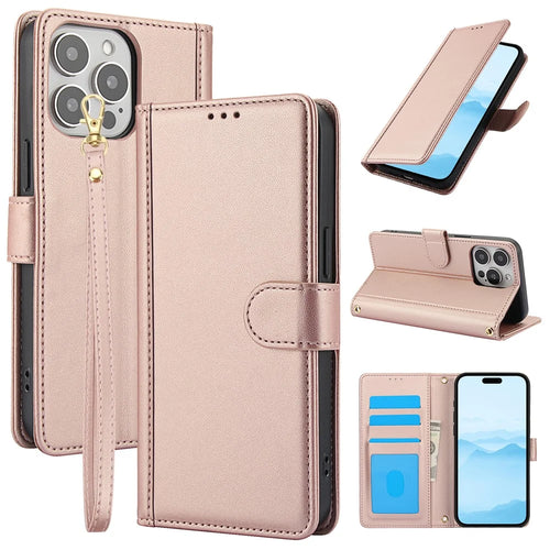 SY-003 For iPhone 16 Pro Case PU Leather Stand View Phone Wallet Cover with Hand Strap - Pink - 1