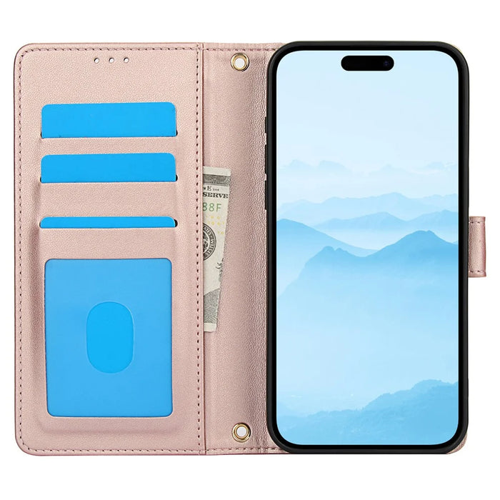 SY-003 For iPhone 16 Pro Case PU Leather Stand View Phone Wallet Cover with Hand Strap - Pink - 2