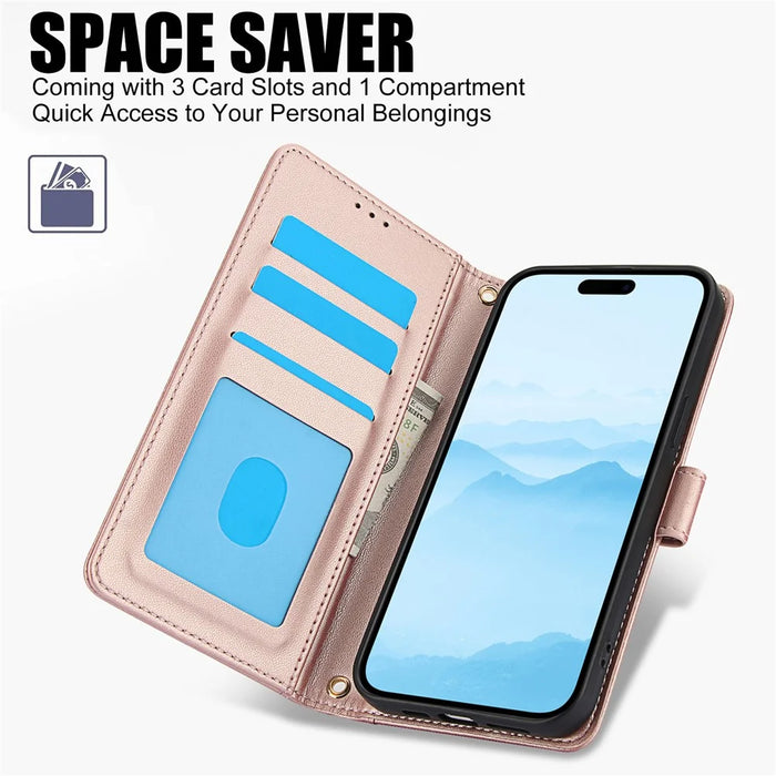 SY-003 For iPhone 16 Pro Case PU Leather Stand View Phone Wallet Cover with Hand Strap - Pink - 5