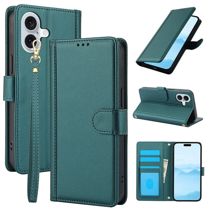 SY-003 For iPhone 16 Case PU Leather Stand View Phone Wallet Cover with Hand Strap - Green - 1