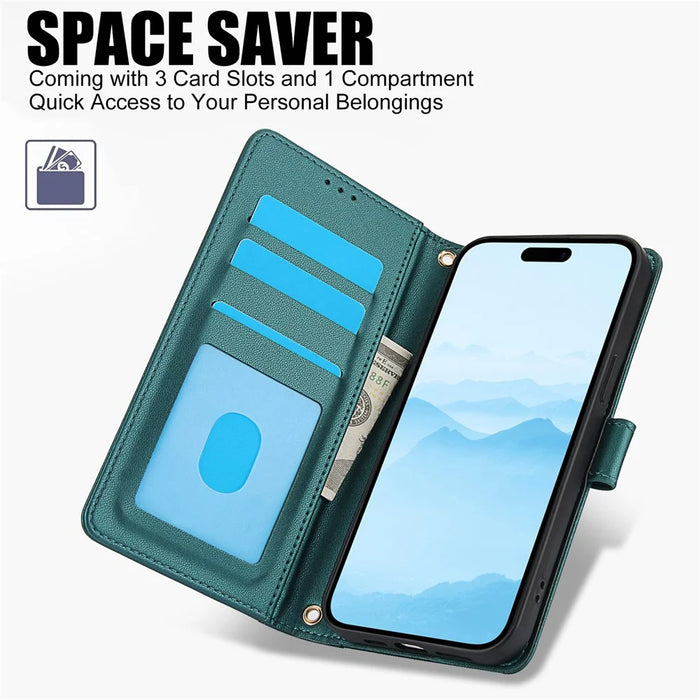 SY-003 For iPhone 16 Case PU Leather Stand View Phone Wallet Cover with Hand Strap - Green - 5