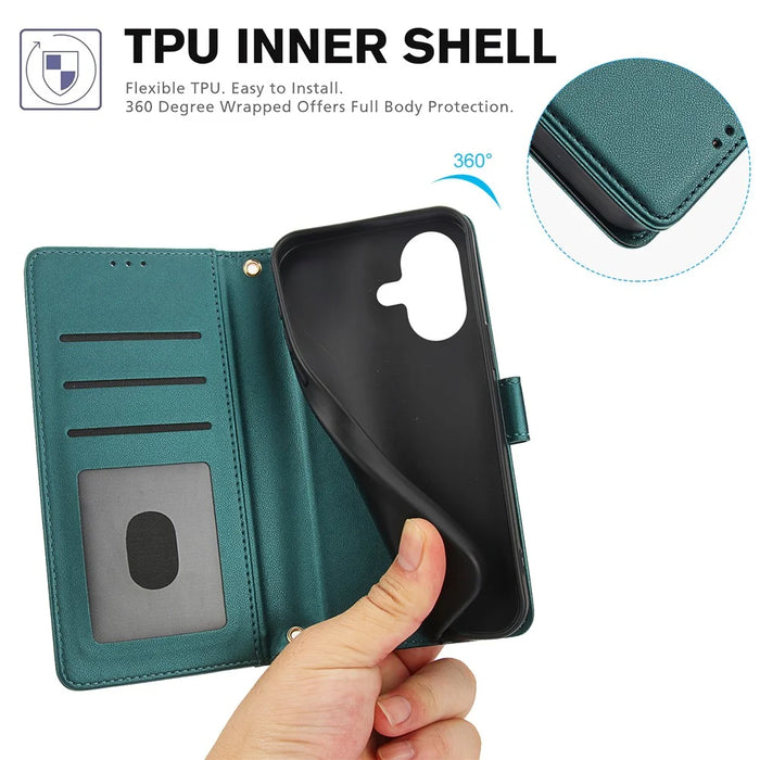 SY-003 For iPhone 16 Case PU Leather Stand View Phone Wallet Cover with Hand Strap - Green - 6