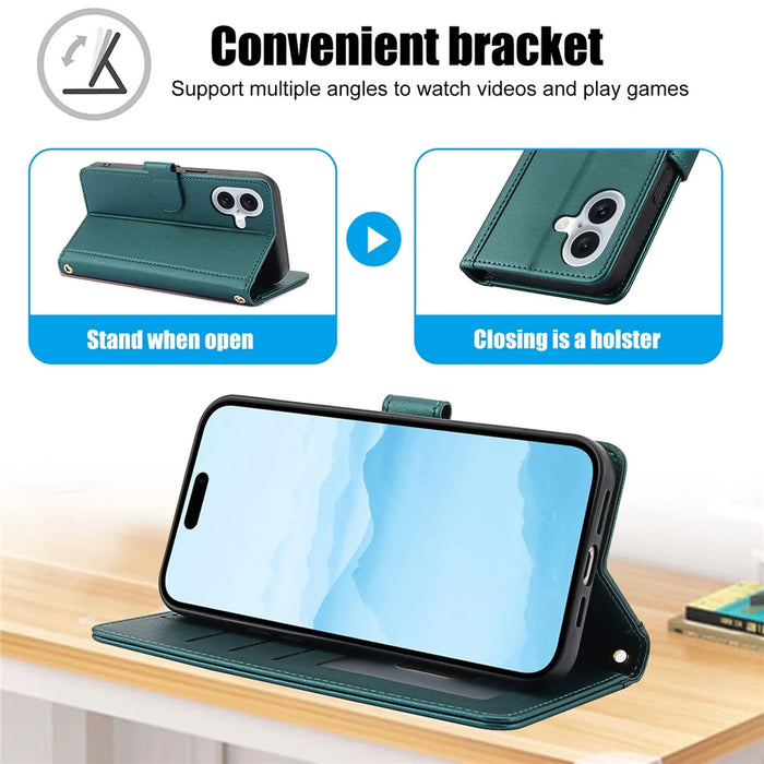 SY-003 For iPhone 16 Case PU Leather Stand View Phone Wallet Cover with Hand Strap - Green - 7