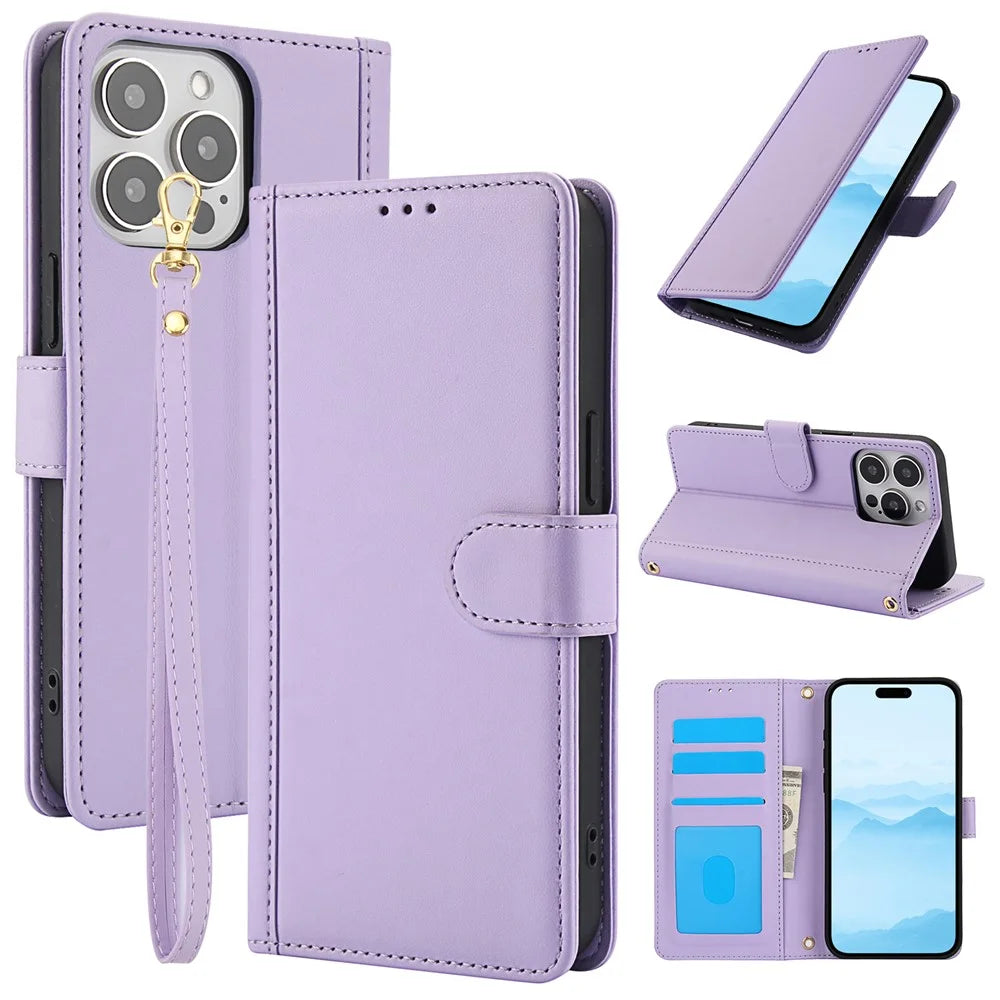 SY-003 For iPhone 16 Pro Max Case PU Leather Stand View Phone Wallet Cover with Hand Strap - Purple - 1
