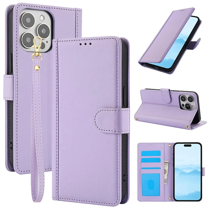 SY-003 For iPhone 16 Pro Max Case PU Leather Stand View Phone Wallet Cover with Hand Strap - Purple - 1