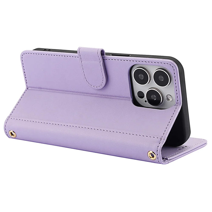 SY-003 For iPhone 16 Pro Max Case PU Leather Stand View Phone Wallet Cover with Hand Strap - Purple - 3
