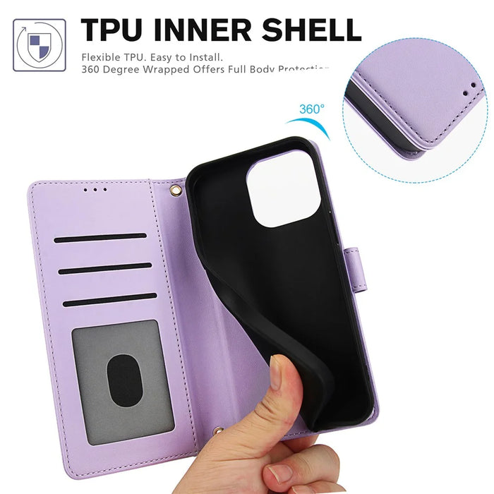 SY-003 For iPhone 16 Pro Max Case PU Leather Stand View Phone Wallet Cover with Hand Strap - Purple - 6
