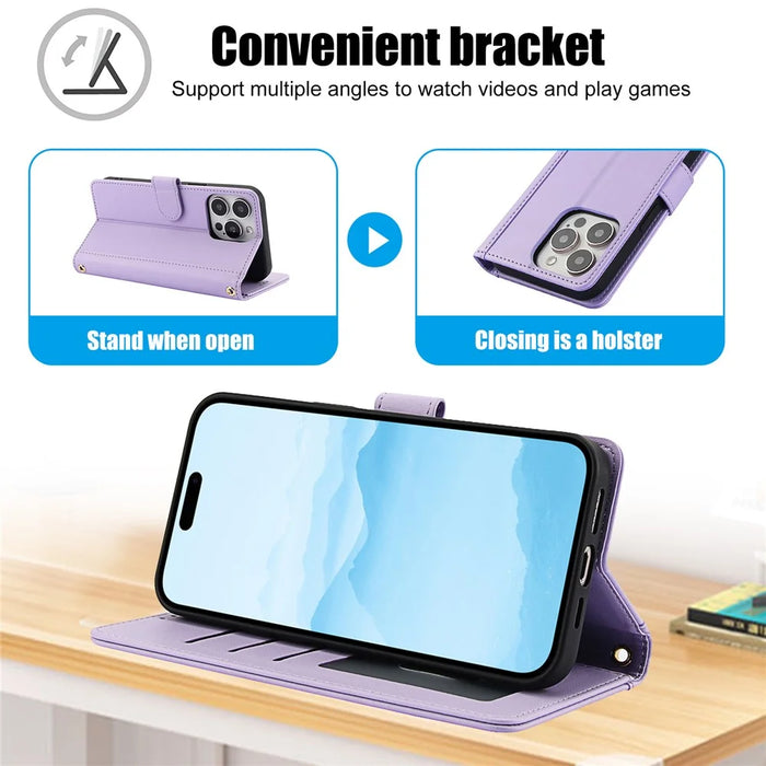 SY-003 For iPhone 16 Pro Max Case PU Leather Stand View Phone Wallet Cover with Hand Strap - Purple - 7