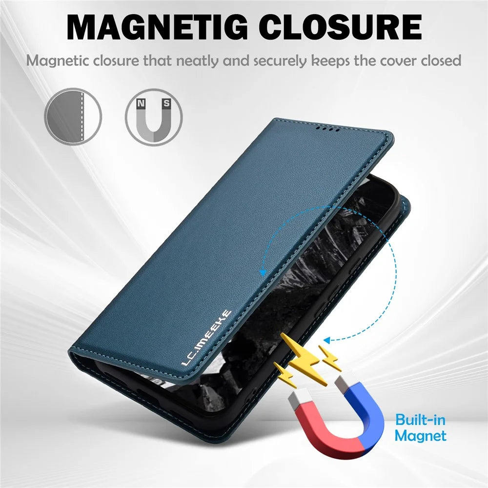 LC.IMEEKE L1 Series for Google Pixel 8a Case PU Leather Wallet Stand Protective Phone Cover - Blue - 5
