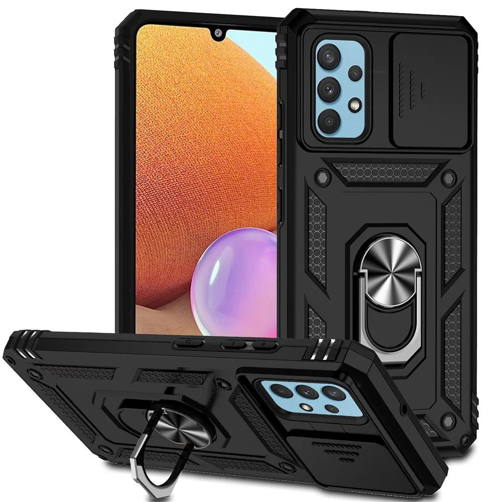 Metal Kickstand Phone Case for Samsung Galaxy A32 4G (EU Version), Shockproof PC + TPU Cover with Slide Camera Protection - Black - 1
