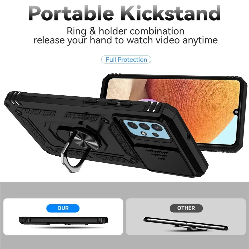 Metal Kickstand Phone Case for Samsung Galaxy A32 4G (EU Version), Shockproof PC + TPU Cover with Slide Camera Protection - Black - 2