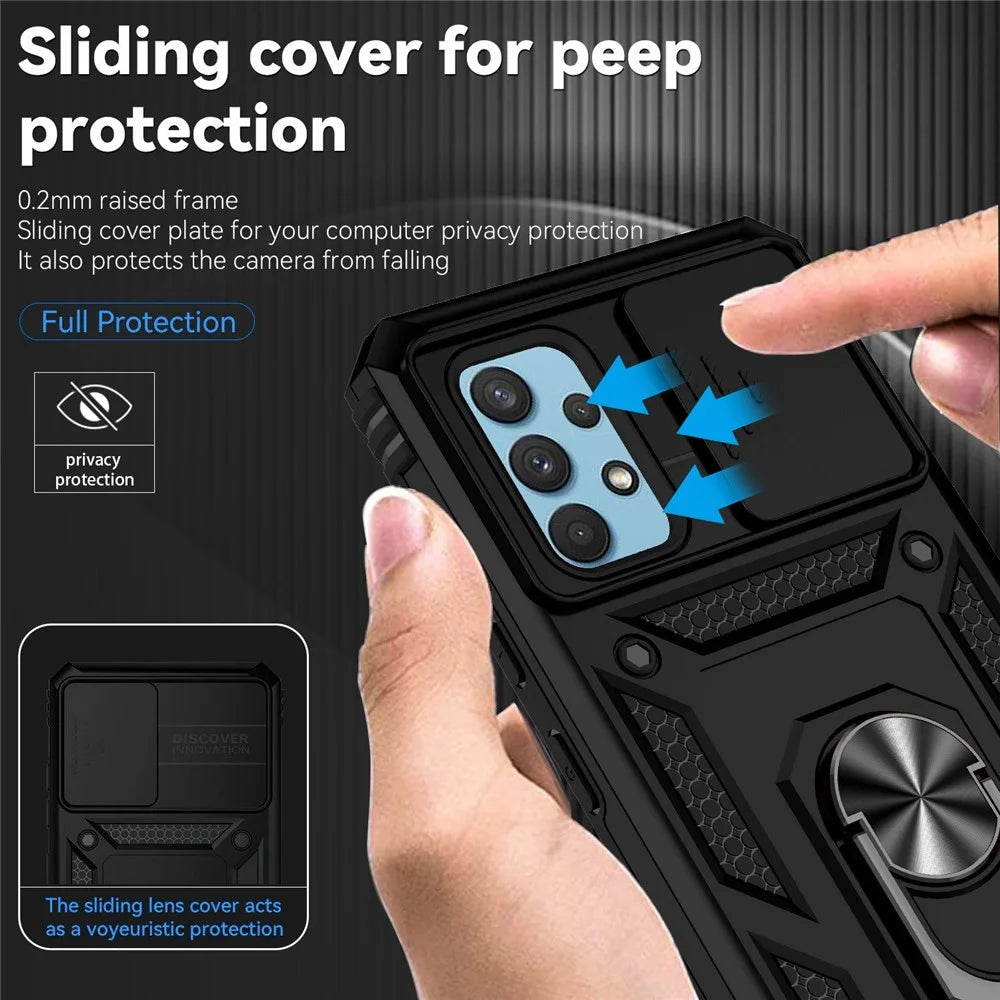 Metal Kickstand Phone Case for Samsung Galaxy A32 4G (EU Version), Shockproof PC + TPU Cover with Slide Camera Protection - Black - 5