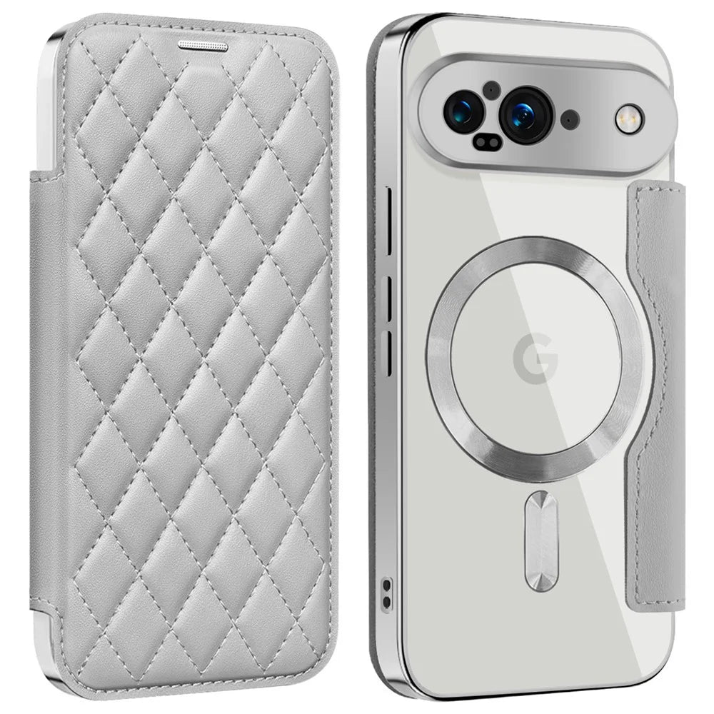 For Google Pixel 9 Magnetic Case Rhombus PU Leather Phone Cover - Titanium Grey - 1