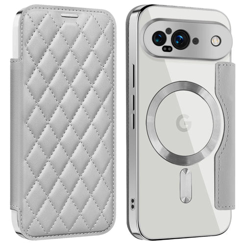 For Google Pixel 9 Magnetic Case Rhombus PU Leather Phone Cover - Titanium Grey - 1