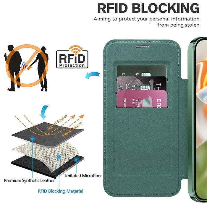For Google Pixel 9 Pro XL Magnetic Case RFID Blocking Leather Phone Cover - Blackish Green - 3