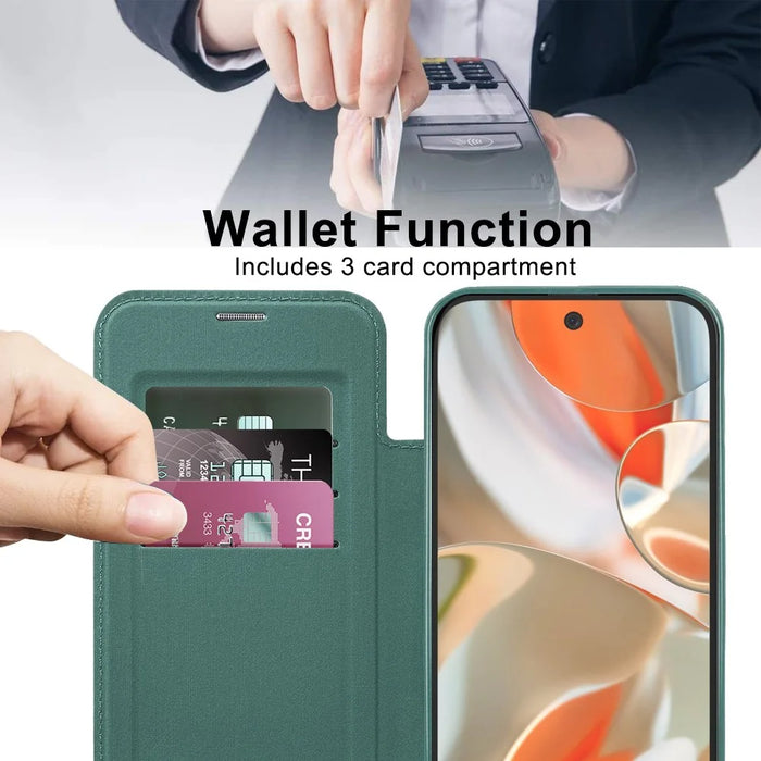 For Google Pixel 9 Pro XL Magnetic Case RFID Blocking Leather Phone Cover - Blackish Green - 4