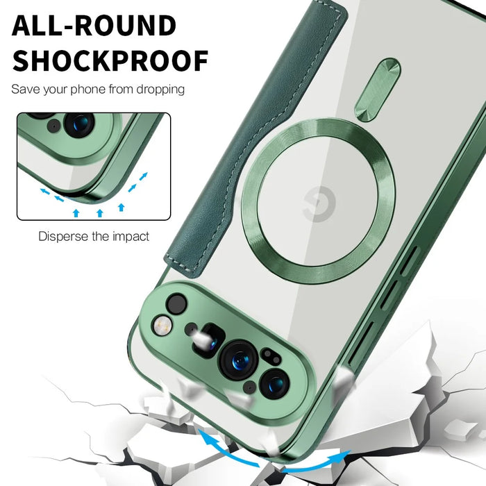 For Google Pixel 9 Pro XL Magnetic Case RFID Blocking Leather Phone Cover - Blackish Green - 6