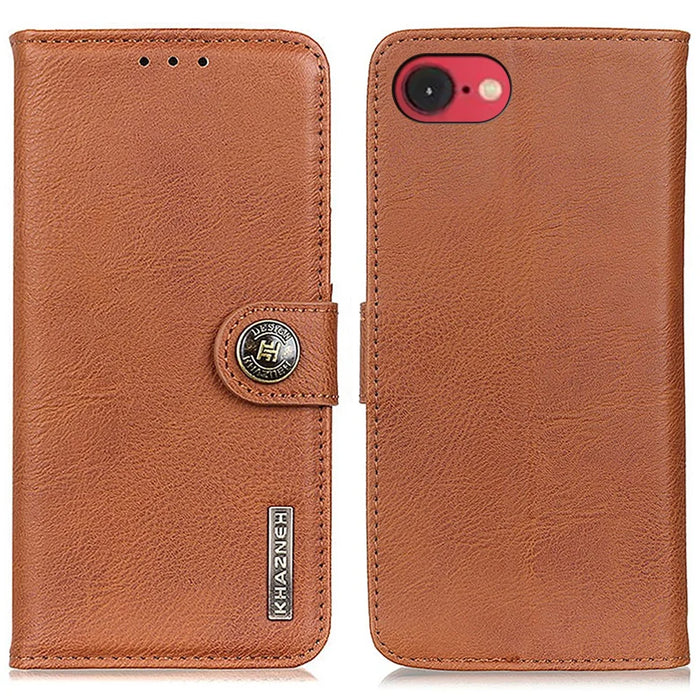KHAZNEH For iPhone 17e / 16e Wallet Case Cowhide Texture Leather Flip Phone Cover - Brown - 1