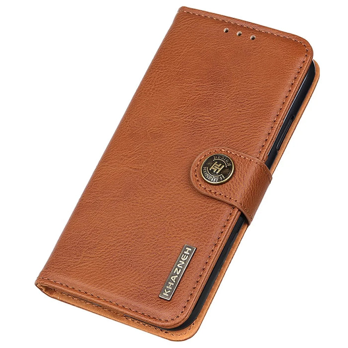 KHAZNEH For iPhone 17e / 16e Wallet Case Cowhide Texture Leather Flip Phone Cover - Brown - 6
