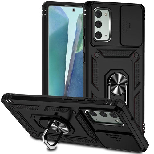Metal Kickstand Phone Case for Samsung Galaxy Note20 / Note20 5G, Slide Camera Protection Hybrid PC + TPU Cover - Black - 1