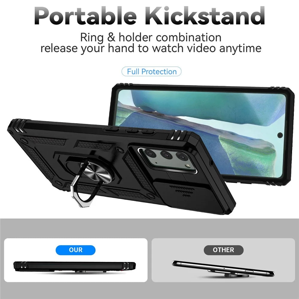 Metal Kickstand Phone Case for Samsung Galaxy Note20 / Note20 5G, Slide Camera Protection Hybrid PC + TPU Cover - Black - 2