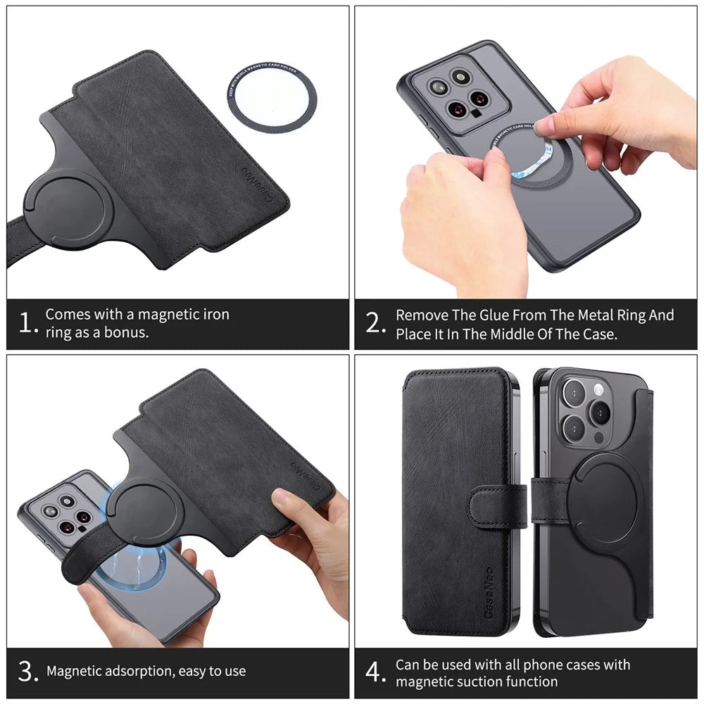 CASENEO MW-03S Magnetic Detachable Phone Cover for 6.7 inch Phone Retro Leather Wallet Stand - Black - 7
