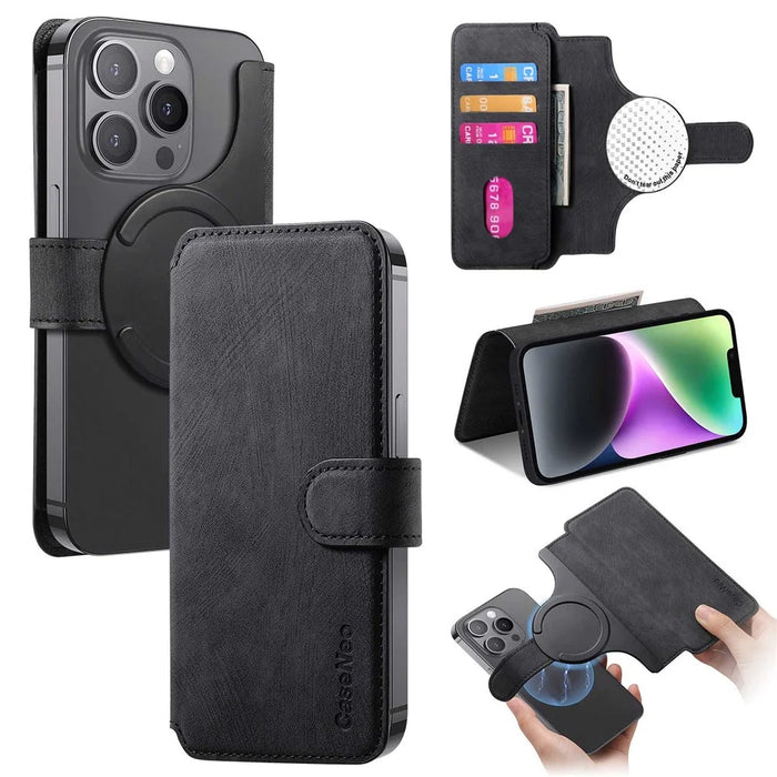 CASENEO MW-03S Magnetic Detachable Phone Cover for 6.9 inch Phone Retro Leather Wallet Stand - Black - 1