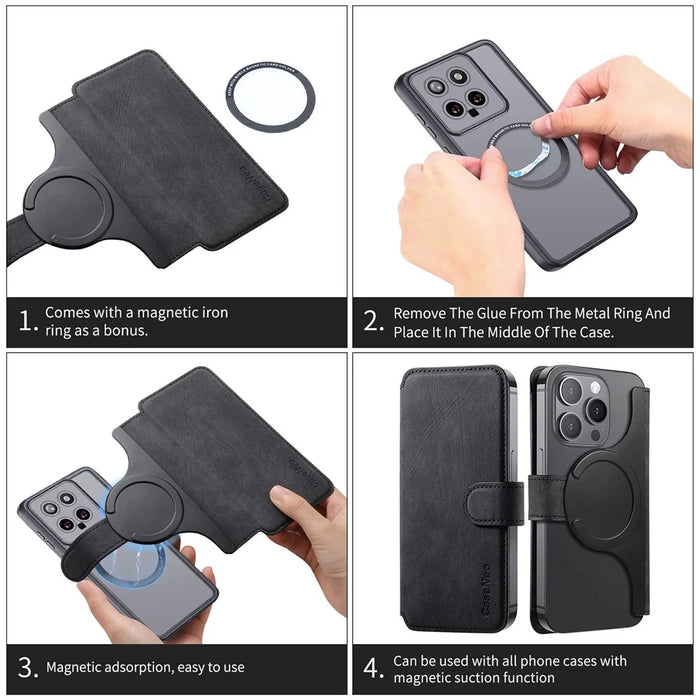 CASENEO MW-03S Magnetic Detachable Phone Cover for 6.9 inch Phone Retro Leather Wallet Stand - Black - 7