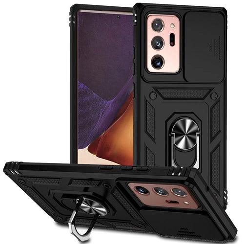 For Samsung Galaxy Note20 Ultra / Note20 Ultra 5G Metal Ring Kickstand PC + TPU Phone Case with Slide Camera Protection - Black - 1