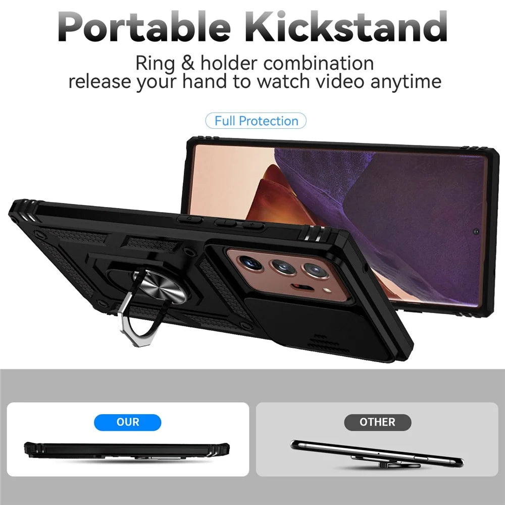 For Samsung Galaxy Note20 Ultra / Note20 Ultra 5G Metal Ring Kickstand PC + TPU Phone Case with Slide Camera Protection - Black - 2