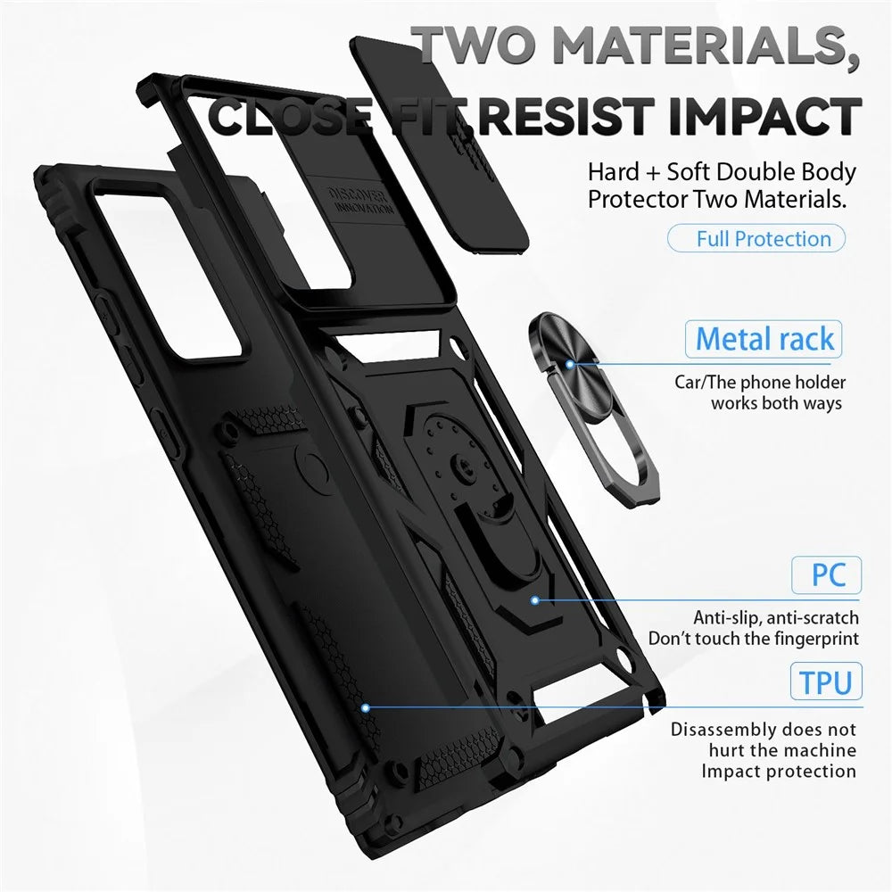 For Samsung Galaxy Note20 Ultra / Note20 Ultra 5G Metal Ring Kickstand PC + TPU Phone Case with Slide Camera Protection - Black - 4