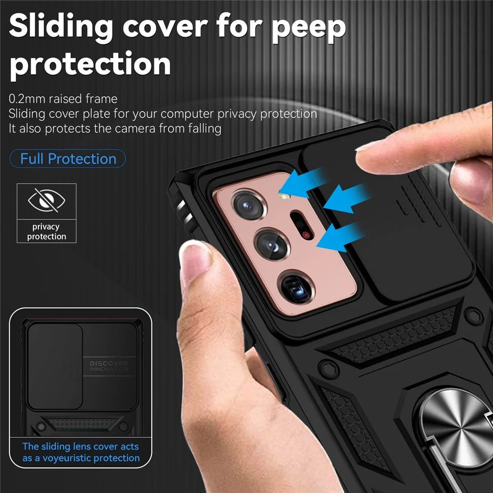 For Samsung Galaxy Note20 Ultra / Note20 Ultra 5G Metal Ring Kickstand PC + TPU Phone Case with Slide Camera Protection - Black - 5