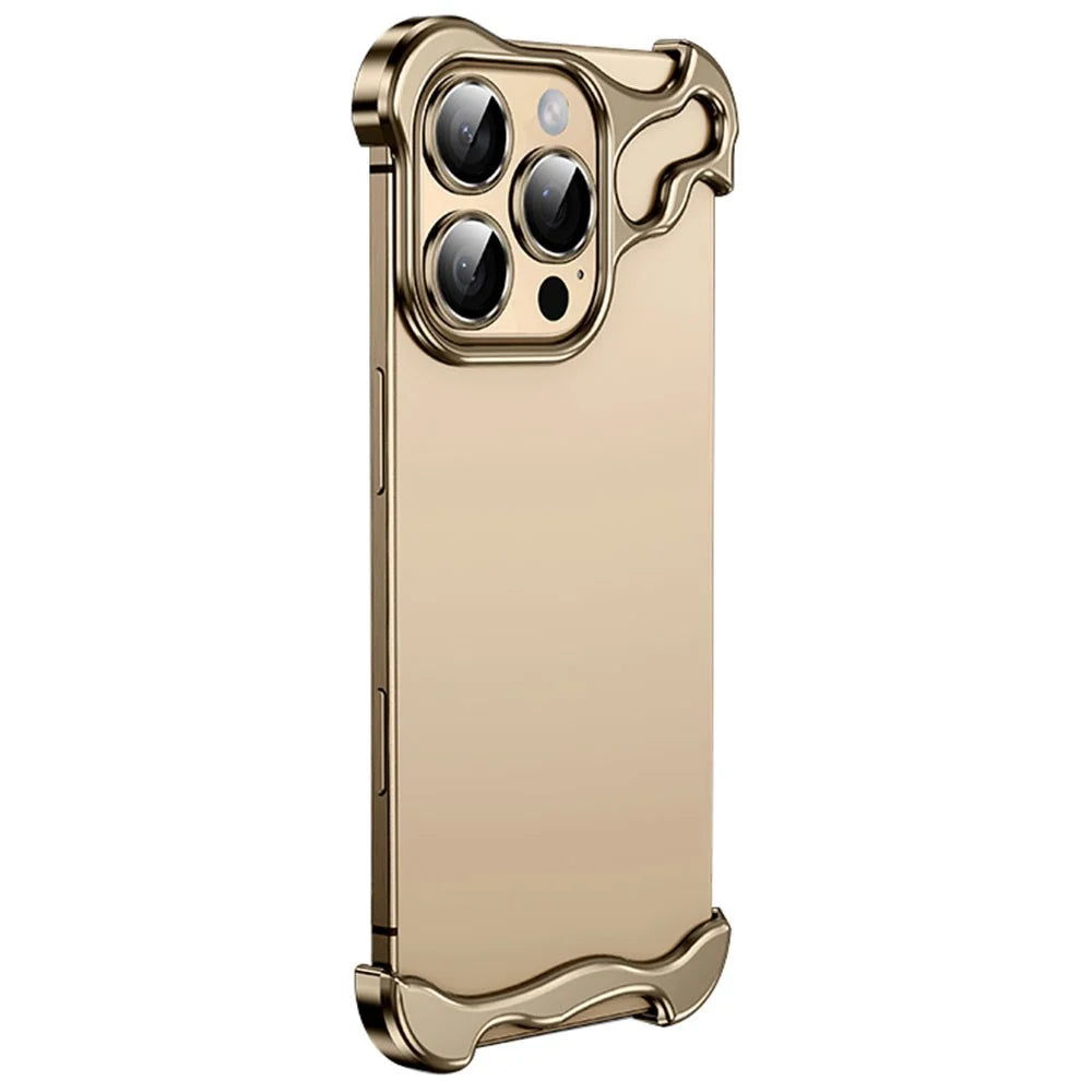 For iPhone 16 Pro Max Bumper Case Metal Frameless Shockproof Cover with Camera Lens Protector - Gold - 1
