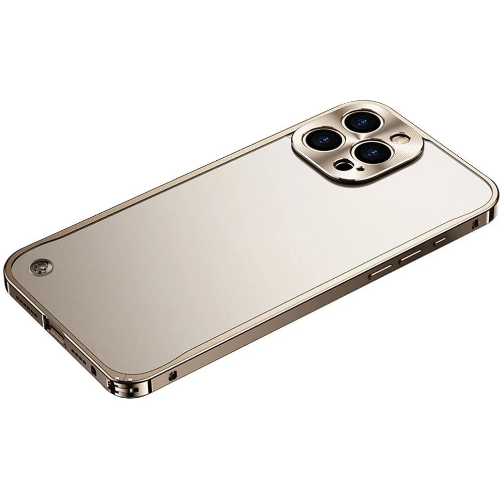For iPhone 16 Pro Metal Clear Case Safety Lock Matte Anti-Fingerprint Back Cover - Gold - 1