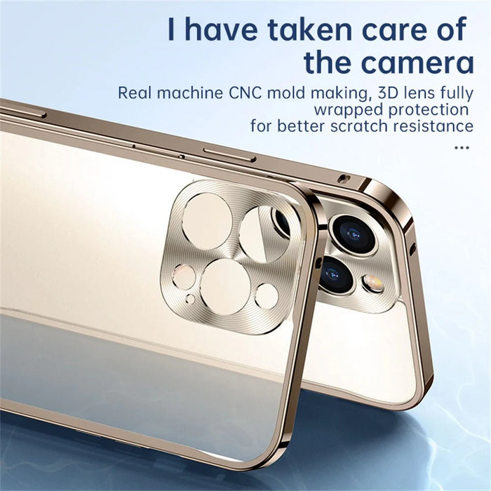 For iPhone 16 Pro Metal Clear Case Safety Lock Matte Anti-Fingerprint Back Cover - Gold - 2